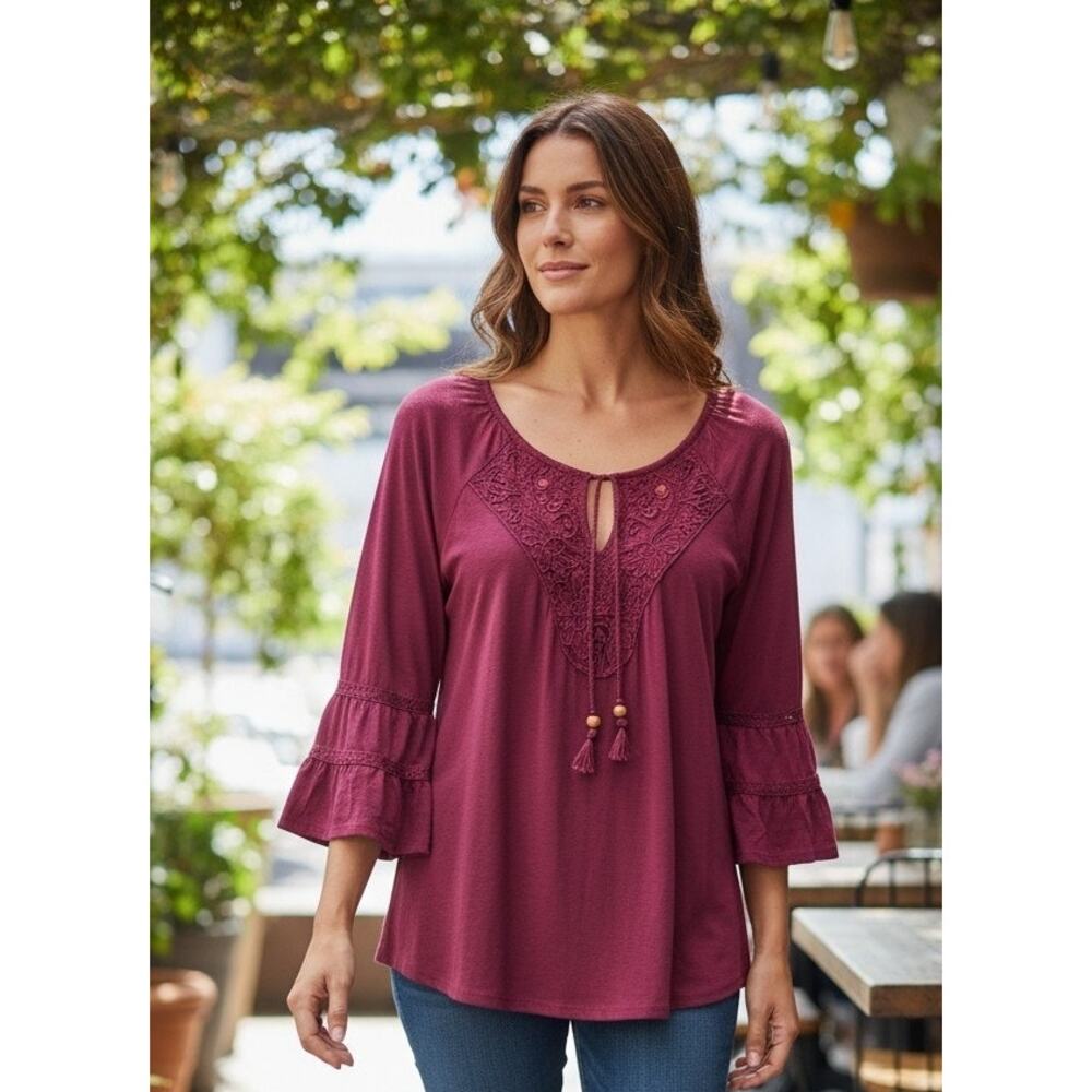 New York Laundry Mauve Long Sleeve Flowy Blouse Top Size XL Boho NeckTie Bell Sl